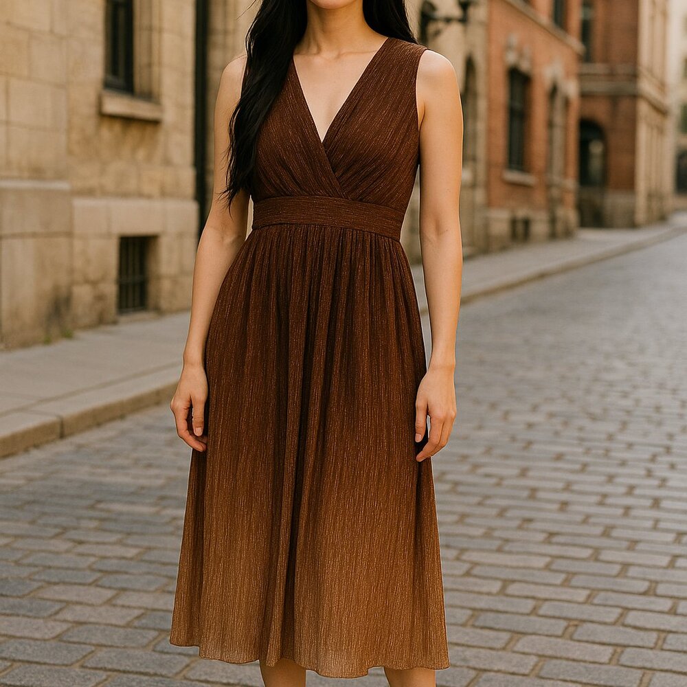 Dress the Population Brown Gold Pleated Metallic Midi Dress L Sleeveless Party - Picture 1 of 10